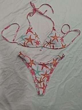 Starfish Print Triangle Bikini Set - White with Orange & Teal Accents